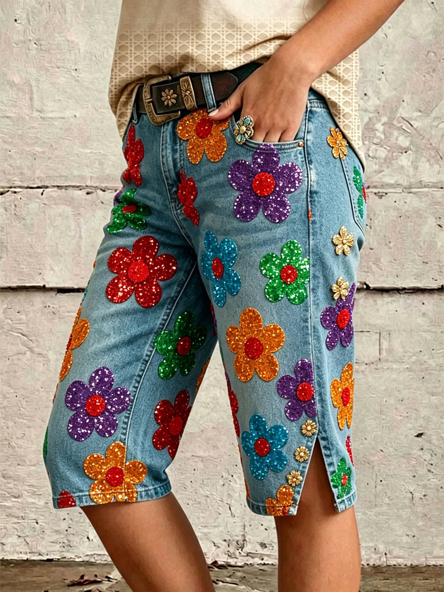 Retro Style Floral Art Print Vintage Casual Denim Shorts